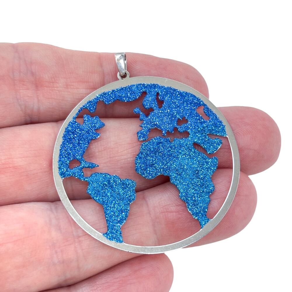 Vintage Sterling Silver 925 Blue Glitter World Map Pendant